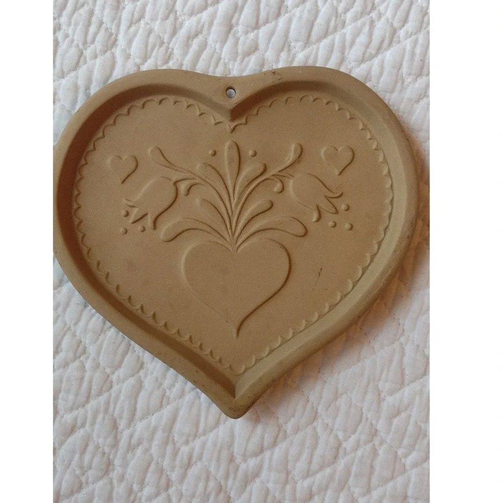 Vintage Brown Bag Cookie Art 1986 Heart Floral Tulip Stoneware Cookie Mold